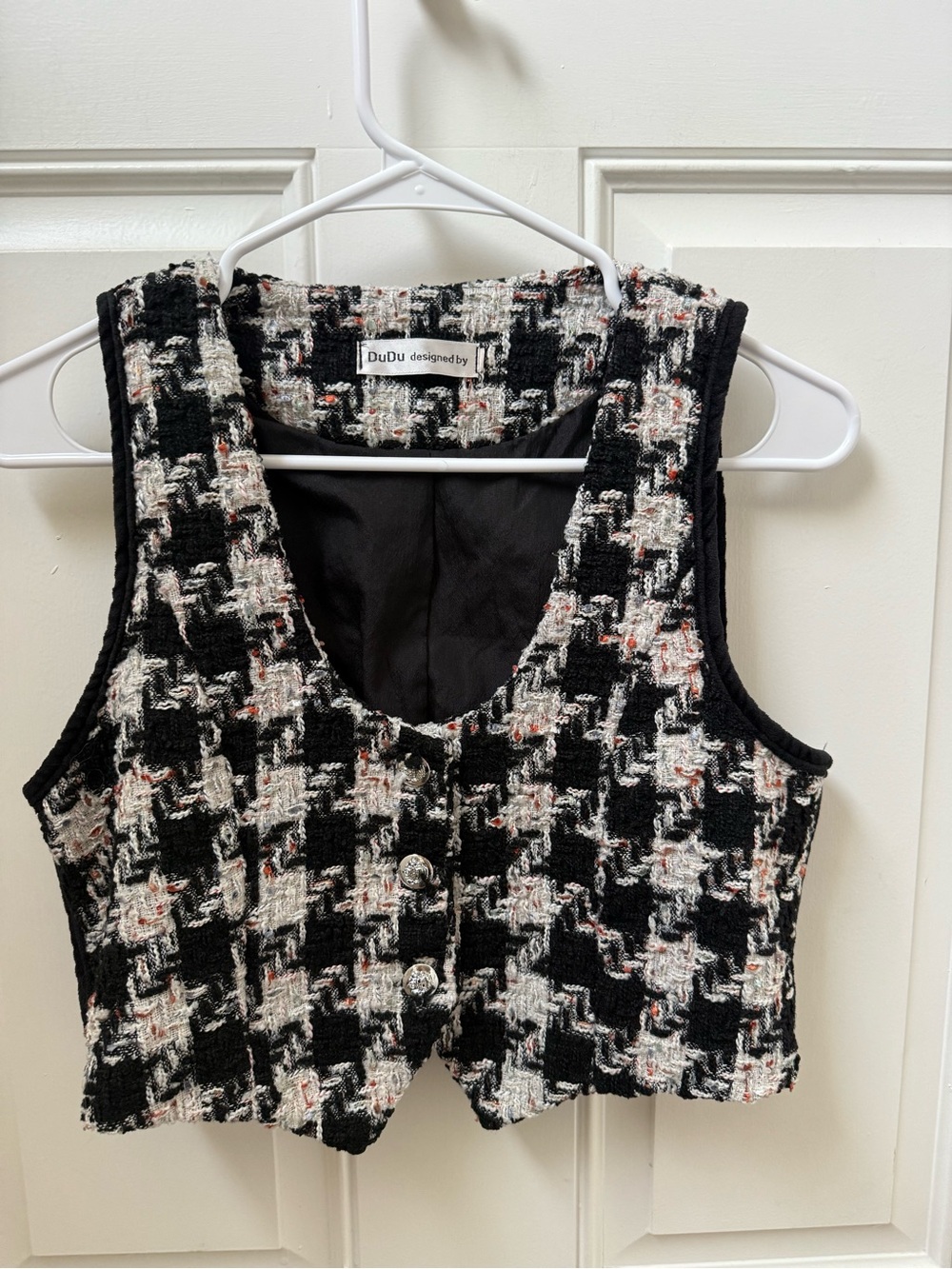 DuDu Black & White Houndstooth Tweed Crop Vest